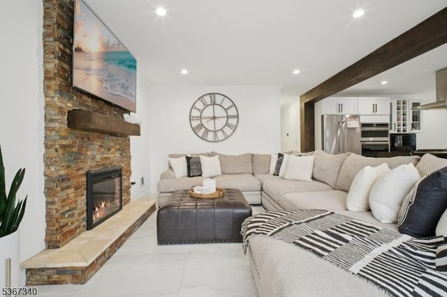 28 Sanford Ave, Belleville Twp, NJ 07109 - living area featuring recessed lighting, marble finish floors, and a fireplace