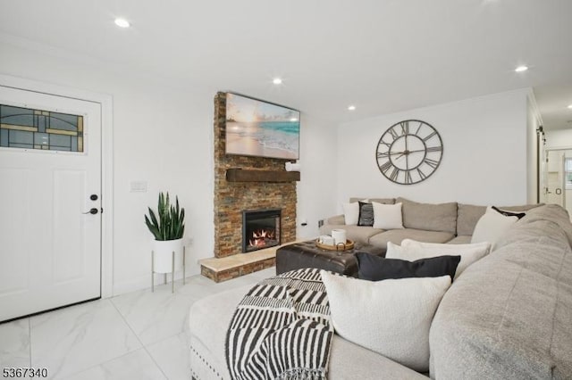28 Sanford Ave, Belleville Twp, NJ 07109 - living area with light marble finish flooring, recessed lighting, a stone fireplace, and crown molding