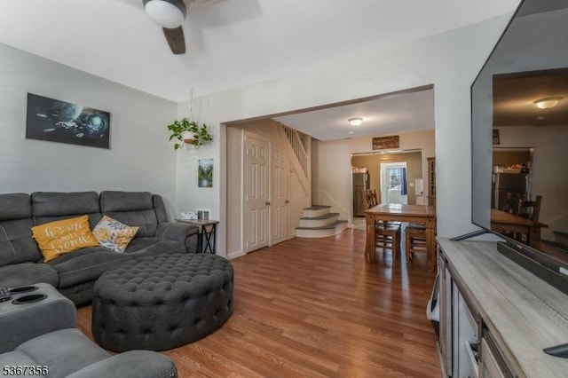 302 Chambers St, Phillipsburg Town, NJ 08865 - living room with stairway, wood finished floors, and a ceiling fan