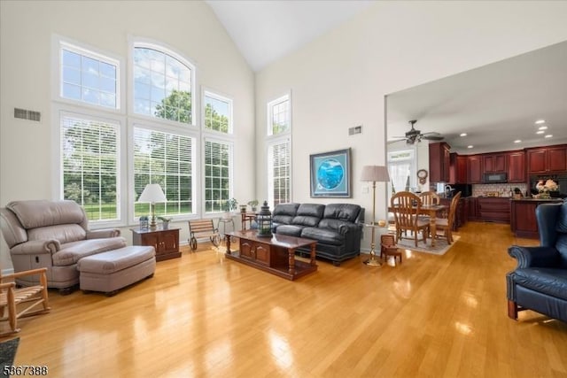 3 Stanbury Ln, Kingwood Twp, NJ 08825 - living area with light wood-type flooring, a ceiling fan, high vaulted ceiling, and recessed lighting