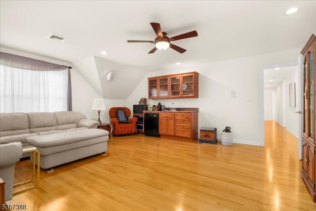 3 Stanbury Ln, Kingwood Twp, NJ 08825 - living room featuring light wood-type flooring, bar, recessed lighting, a ceiling fan, and vaulted ceiling