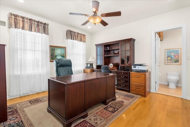 3 Stanbury Ln, Kingwood Twp, NJ 08825 - home office featuring ceiling fan, light wood-type flooring, and recessed lighting