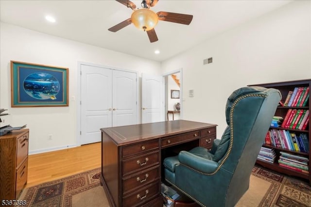 3 Stanbury Ln, Kingwood Twp, NJ 08825 - home office featuring a ceiling fan, wood finished floors, and recessed lighting