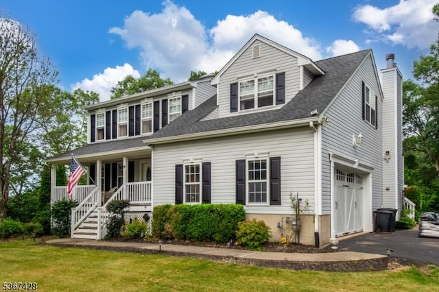 14 Windjammer Dr, Jefferson Twp, NJ 07849 - view of front of property with a porch, asphalt driveway, a garage, a chimney, and roof with shingles