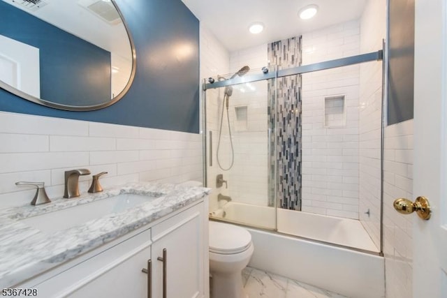 14 Windjammer Dr, Jefferson Twp, NJ 07849 - full bathroom with vanity, enclosed tub / shower combo, marble look tile flooring, recessed lighting, and tile walls
