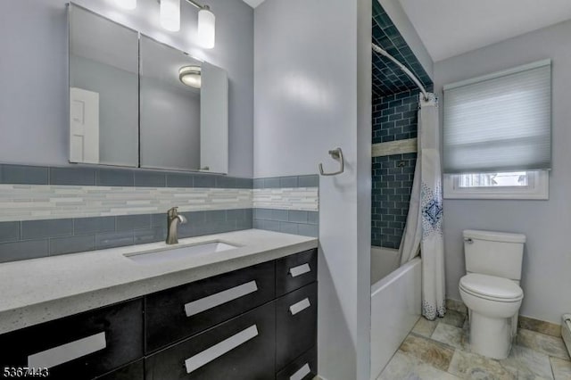 830 Pennsylvania Ave, Lyndhurst Twp, NJ 07071 - full bathroom featuring vanity, shower / bathtub combination with curtain, a baseboard heating unit, and decorative backsplash