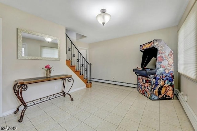830 Pennsylvania Ave, Lyndhurst Twp, NJ 07071 - tiled entrance foyer featuring baseboard heating, a baseboard heating unit, and stairs