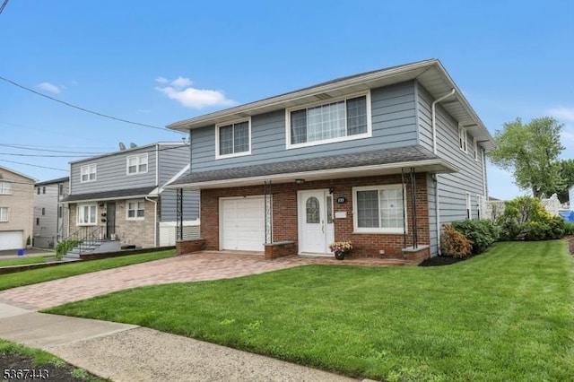 830 Pennsylvania Ave, Lyndhurst Twp, NJ 07071 - multi unit property featuring decorative driveway, brick siding, a front yard, and an attached garage