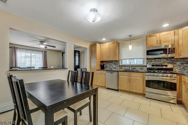 830 Pennsylvania Ave, Lyndhurst Twp, NJ 07071 - kitchen featuring appliances with stainless steel finishes, tasteful backsplash, light brown cabinets, ceiling fan, and recessed lighting