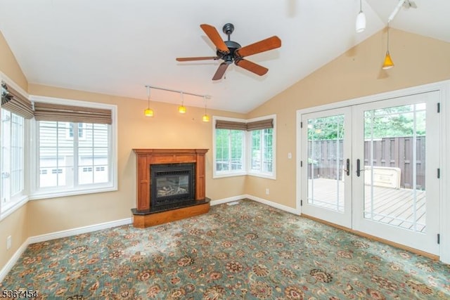 88 Overlook Ave, East Hanover Twp, NJ 07936 - unfurnished living room featuring track lighting, vaulted ceiling, carpet, french doors, and ceiling fan