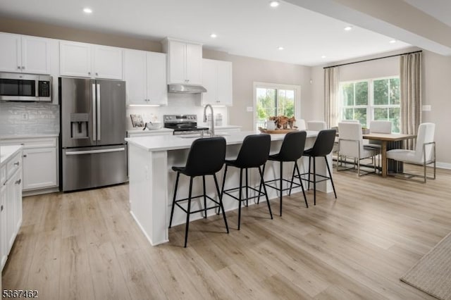 7 Glacier Way, Union Twp, NJ 08867 - kitchen featuring stainless steel appliances, light countertops, under cabinet range hood, a kitchen island with sink, and recessed lighting