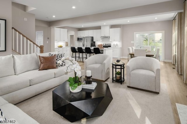 7 Glacier Way, Union Twp, NJ 08867 - living room with recessed lighting, stairs, and light wood-style floors