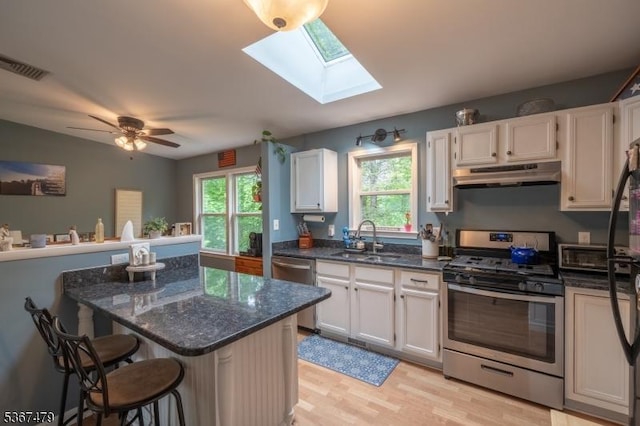 37 Evergreen Rd, Vernon Twp, NJ 07461 - kitchen with appliances with stainless steel finishes, under cabinet range hood, a skylight, light wood-style flooring, and a breakfast bar area