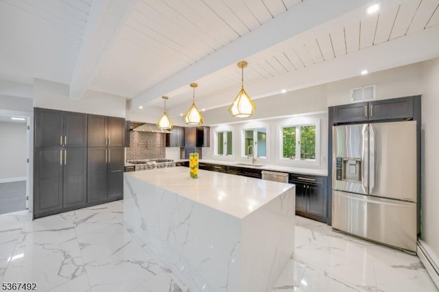 17 Glenwood Rd, Colts Neck Twp, NJ 07722 - kitchen with appliances with stainless steel finishes, a center island, light marble finish floors, light stone countertops, and decorative light fixtures