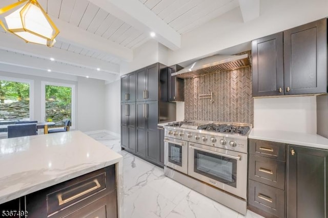 17 Glenwood Rd, Colts Neck Twp, NJ 07722 - kitchen featuring range with two ovens, wall chimney exhaust hood, backsplash, light marble finish floors, and light stone counters