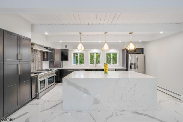 17 Glenwood Rd, Colts Neck Twp, NJ 07722 - kitchen featuring appliances with stainless steel finishes, wall chimney range hood, a center island, light stone counters, and baseboard heating