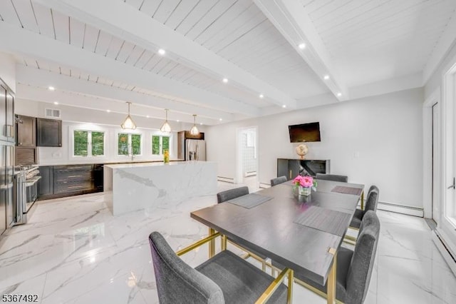 17 Glenwood Rd, Colts Neck Twp, NJ 07722 - dining room featuring a baseboard heating unit, light marble finish flooring, beamed ceiling, and recessed lighting