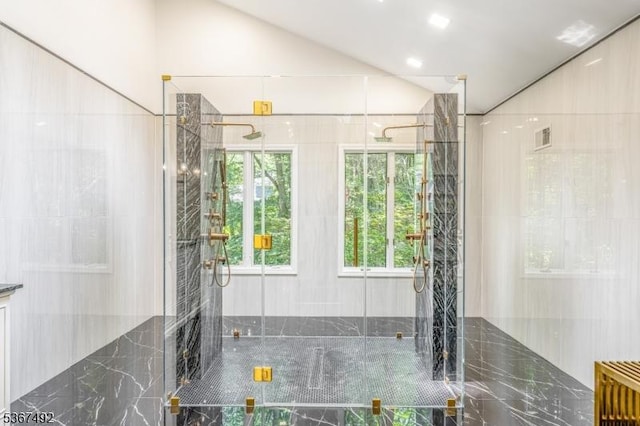 17 Glenwood Rd, Colts Neck Twp, NJ 07722 - bathroom with lofted ceiling, a stall shower, and marble tiled flooring