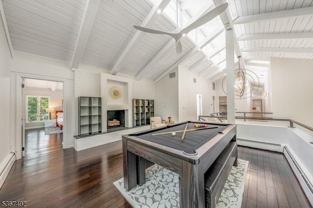 17 Glenwood Rd, Colts Neck Twp, NJ 07722 - game room featuring dark wood-style floors, billiards, a baseboard heating unit, and a fireplace with raised hearth