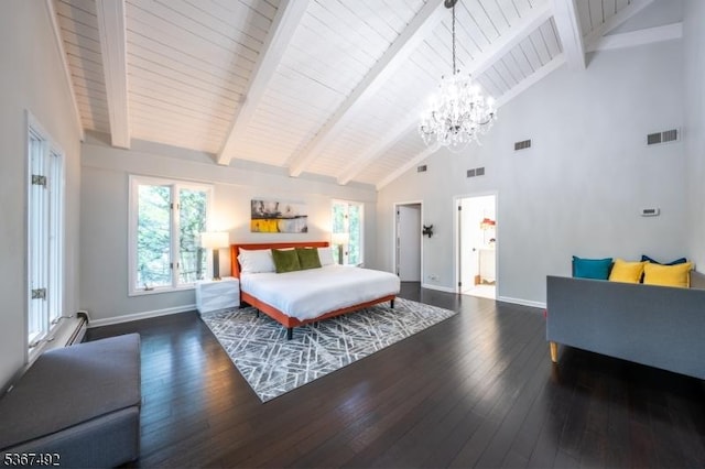 17 Glenwood Rd, Colts Neck Twp, NJ 07722 - bedroom with a chandelier, hardwood / wood-style floors, high vaulted ceiling, and a wooden ceiling with exposed beams