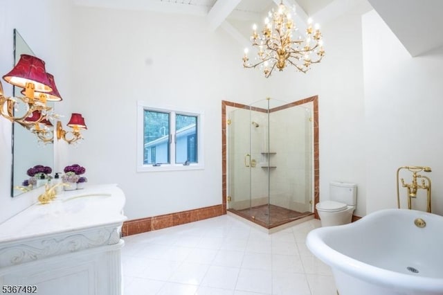 17 Glenwood Rd, Colts Neck Twp, NJ 07722 - bathroom featuring beam ceiling, a chandelier, a shower stall, vanity, and high vaulted ceiling