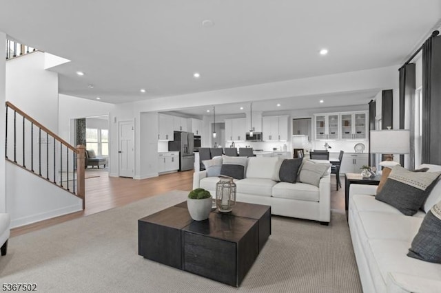 14 Glacier Way, Union Twp, NJ 08867 - living room with stairs, light wood finished floors, and recessed lighting