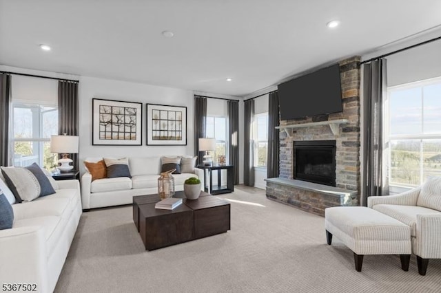 14 Glacier Way, Union Twp, NJ 08867 - carpeted living area featuring a stone fireplace and recessed lighting
