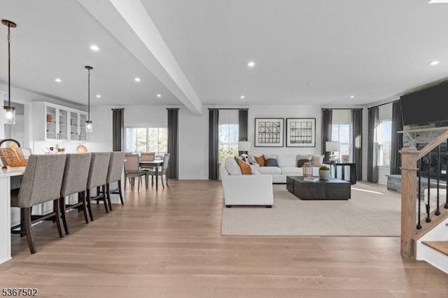 14 Glacier Way, Union Twp, NJ 08867 - living area with stairs, light wood-style floors, and recessed lighting
