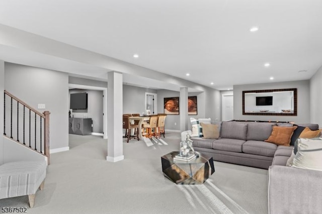 14 Glacier Way, Union Twp, NJ 08867 - living area featuring light colored carpet, recessed lighting, and stairway