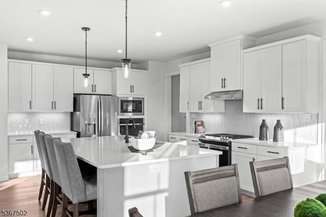 14 Glacier Way, Union Twp, NJ 08867 - kitchen featuring appliances with stainless steel finishes, under cabinet range hood, recessed lighting, backsplash, and a center island with sink