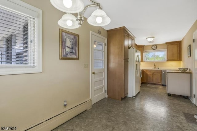 454 Hauck Rd, Bridgewater Twp, NJ 08807 - kitchen with baseboard heating, stainless steel dishwasher, white fridge with ice dispenser, and brown cabinetry