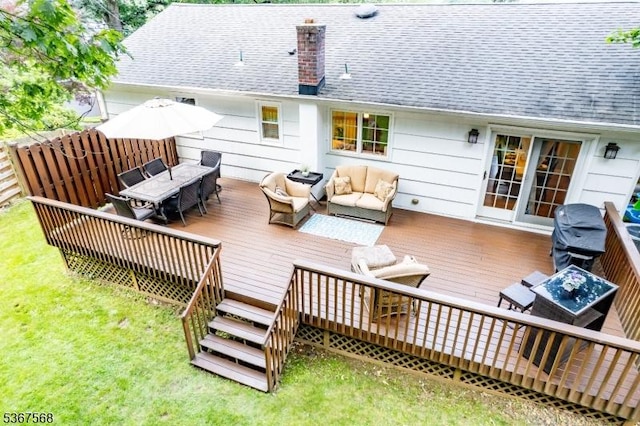 4 Parkway E, Caldwell Boro Twp, NJ 07006 - wooden terrace with outdoor dining area, an outdoor living space, a lawn, and grilling area