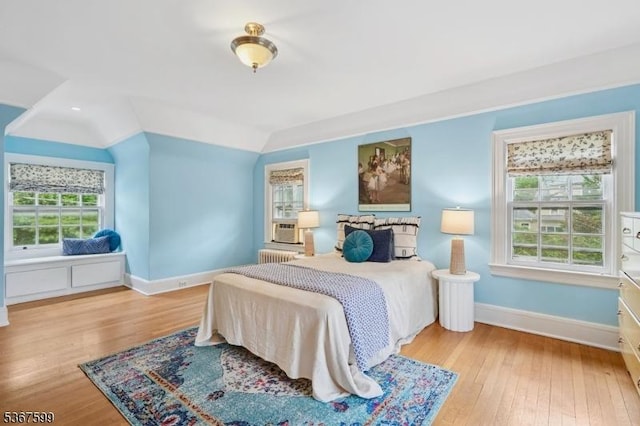 329 W End Rd, South Orange Village Twp, NJ 07079 - bedroom featuring radiator heating unit, wood finished floors, multiple windows, and vaulted ceiling