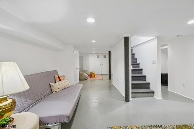 329 W End Rd, South Orange Village Twp, NJ 07079 - living room with finished concrete flooring, recessed lighting, and stairway