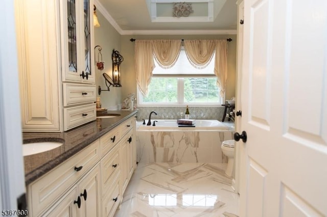10 Links Ct, Sparta Twp, NJ 07871 - bathroom featuring a garden tub, ornamental molding, double vanity, and marble finish floors