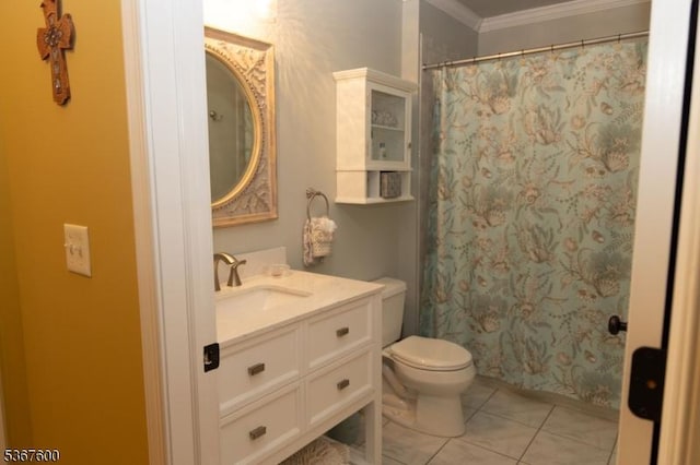 10 Links Ct, Sparta Twp, NJ 07871 - bathroom with crown molding, vanity, tile patterned flooring, and curtained shower