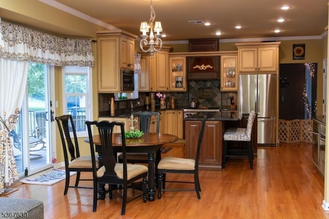 10 Links Ct, Sparta Twp, NJ 07871 - dining area with crown molding, a chandelier, light wood-style floors, and recessed lighting