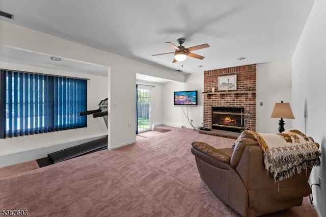 26 Ditmars Cir, Hillsborough Twp, NJ 08844 - carpeted living room with ceiling fan and a brick fireplace