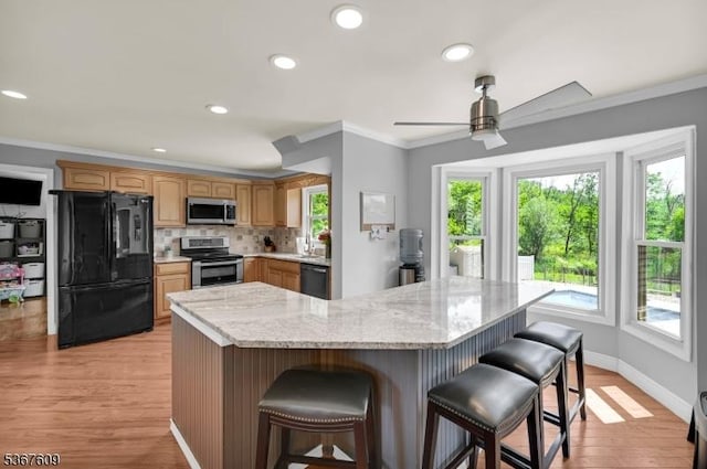 1508 County Rd 565, Vernon Twp, NJ 07461 - kitchen featuring black appliances, backsplash, ornamental molding, recessed lighting, and light wood-type flooring