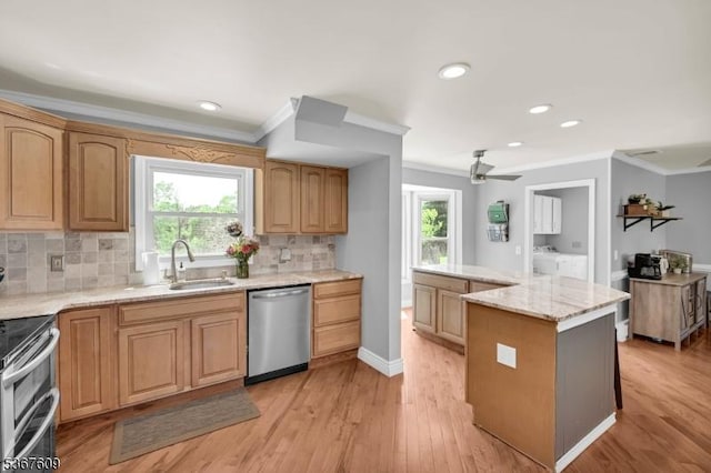 1508 County Rd 565, Vernon Twp, NJ 07461 - kitchen with appliances with stainless steel finishes, ornamental molding, decorative backsplash, light wood-type flooring, and washer and dryer