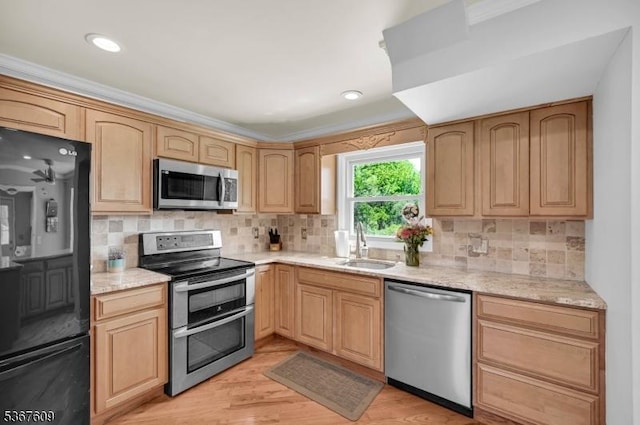 1508 County Rd 565, Vernon Twp, NJ 07461 - kitchen with stainless steel appliances, light brown cabinets, decorative backsplash, recessed lighting, and ornamental molding
