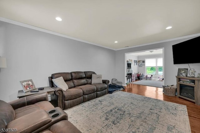 1508 County Rd 565, Vernon Twp, NJ 07461 - living room featuring wood finished floors, ornamental molding, recessed lighting, and a glass covered fireplace