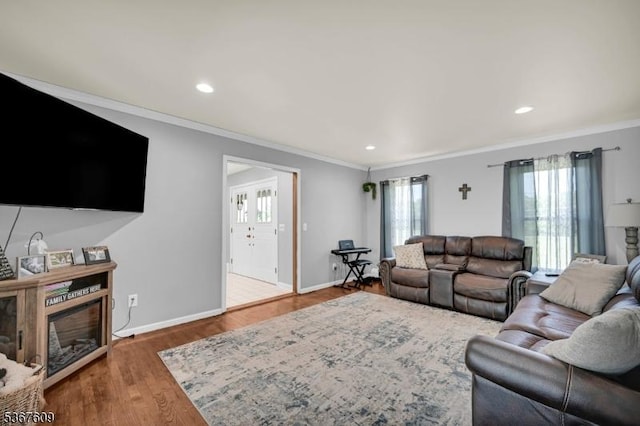 1508 County Rd 565, Vernon Twp, NJ 07461 - living area with ornamental molding, wood finished floors, recessed lighting, and a glass covered fireplace