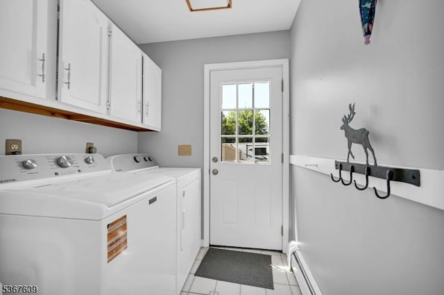 1508 County Rd 565, Vernon Twp, NJ 07461 - washroom with cabinet space, washing machine and dryer, a baseboard radiator, and light tile patterned flooring