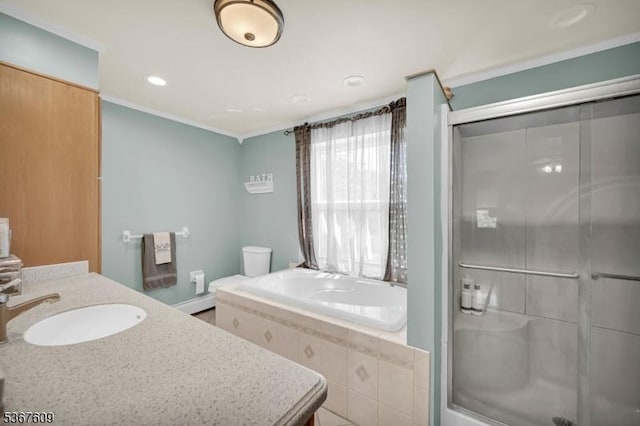 1508 County Rd 565, Vernon Twp, NJ 07461 - full bath featuring a stall shower, a bath, crown molding, vanity, and recessed lighting