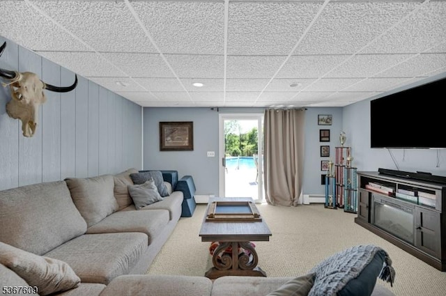 1508 County Rd 565, Vernon Twp, NJ 07461 - living room with carpet, baseboard heating, a drop ceiling, and recessed lighting