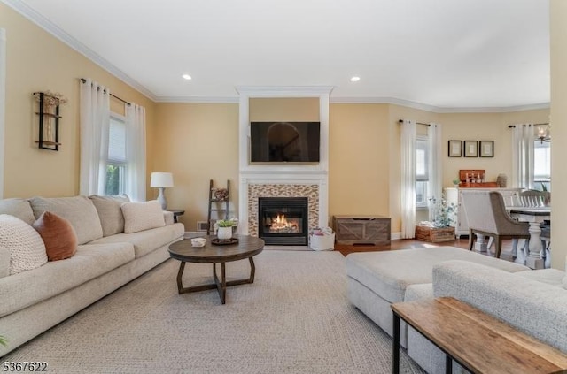 36 E Grant Ave, Roselle Park Boro, NJ 07204 - living area with crown molding, recessed lighting, a tile fireplace, and wood finished floors