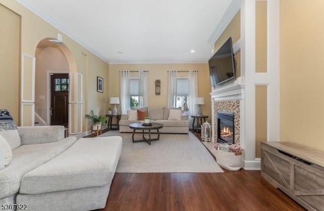 36 E Grant Ave, Roselle Park Boro, NJ 07204 - living area featuring arched walkways, a fireplace, crown molding, dark wood-style flooring, and recessed lighting