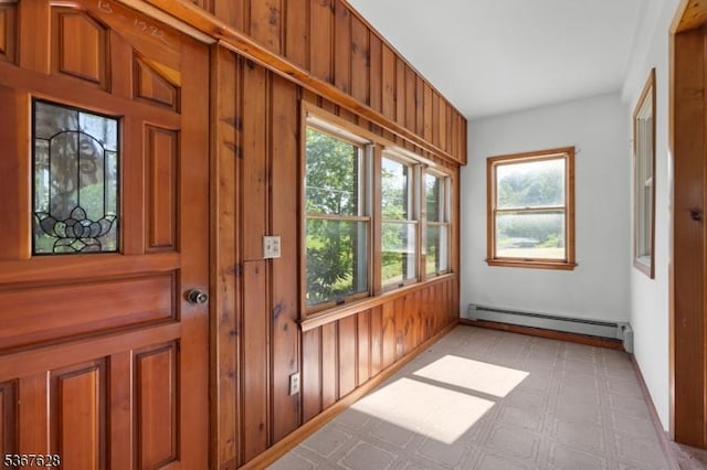 150 Buckley Ave, Oxford Twp, NJ 07863 - doorway with a baseboard heating unit, light floors, and wood walls