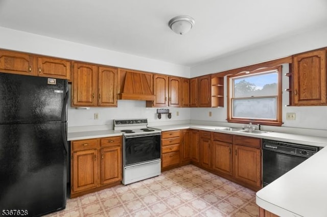 150 Buckley Ave, Oxford Twp, NJ 07863 - kitchen featuring black appliances, custom exhaust hood, light countertops, and light flooring